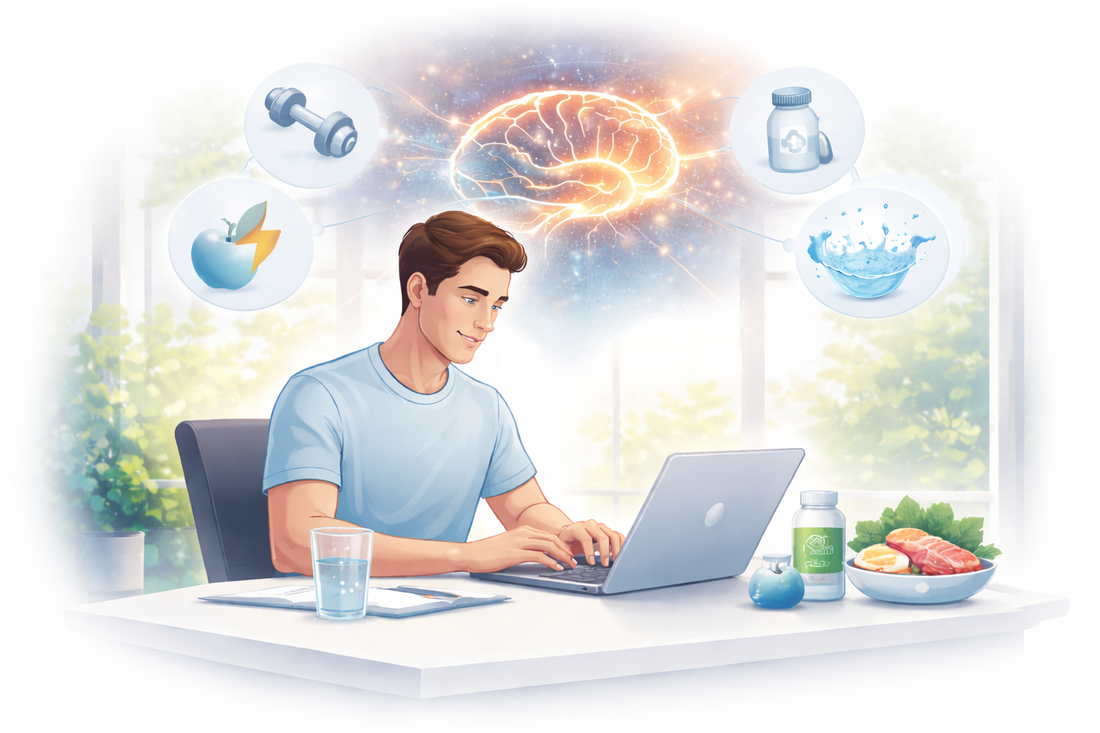 Moderne Illustration einer fokussierten Person am Arbeitsplatz mit leuchtendem Gehirn und Symbolen für gesunde Routinen wie Bewegung, Ernährung und Hydration zur Darstellung von Biohacking für mehr Energie und Fokus im Alltag