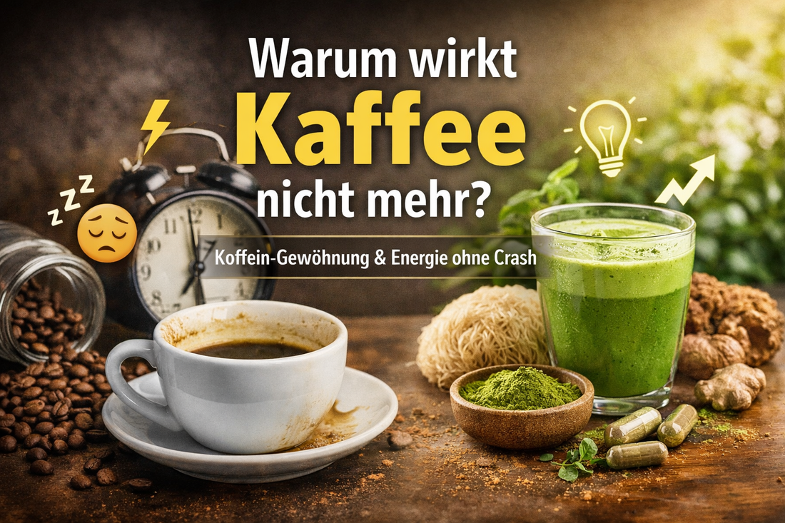 Unternehmer am Schreibtisch mit Kaffee, der nicht mehr wirkt - Symbolbild für Koffein-Gewöhnung und natürliche Alternativen für Fokus ohne Crash