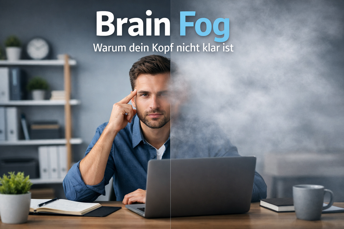 Brain Fog Darstellung mit verschwommenem Kopf und Fokus-Kontrast im Büroalltag