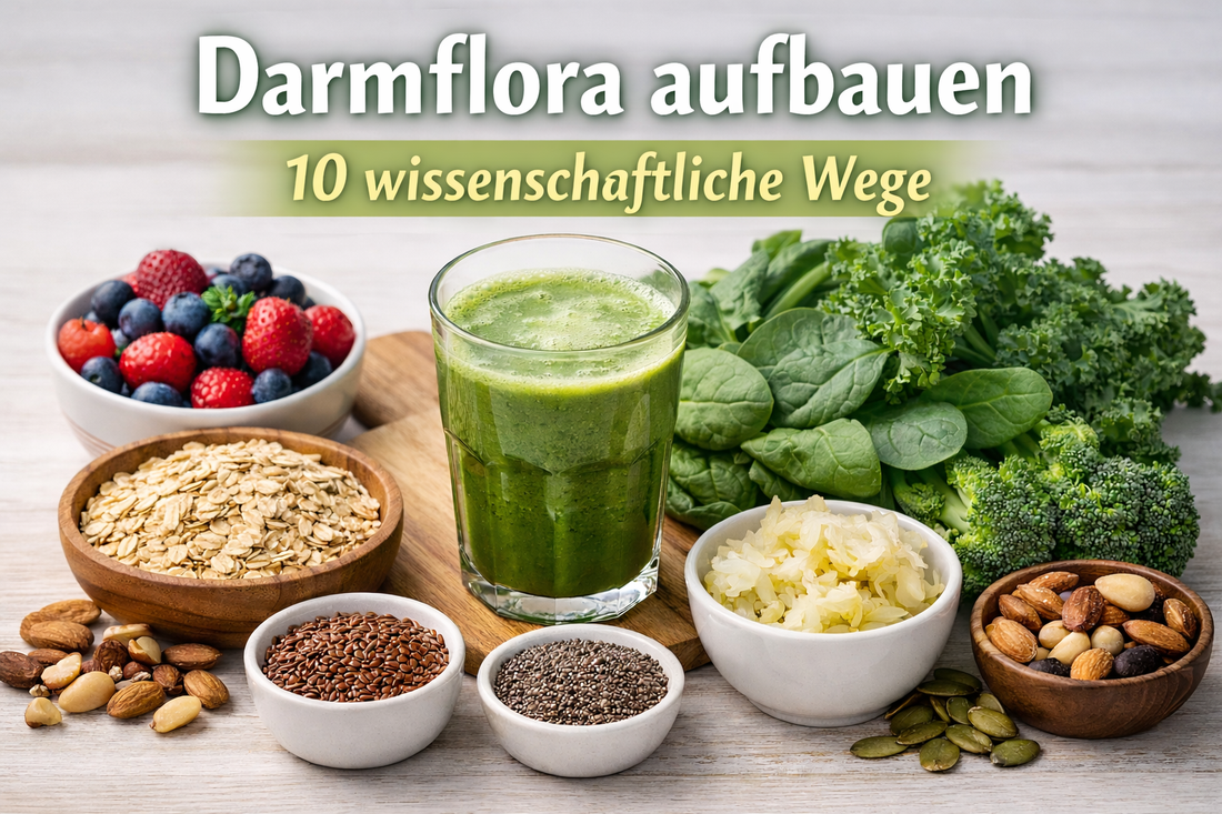Lebensmittel wie Beeren, Haferflocken, fermentierte Produkte und grünes Gemüse zur Unterstützung der Darmflora