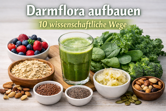 Lebensmittel wie Beeren, Haferflocken, fermentierte Produkte und grünes Gemüse zur Unterstützung der Darmflora