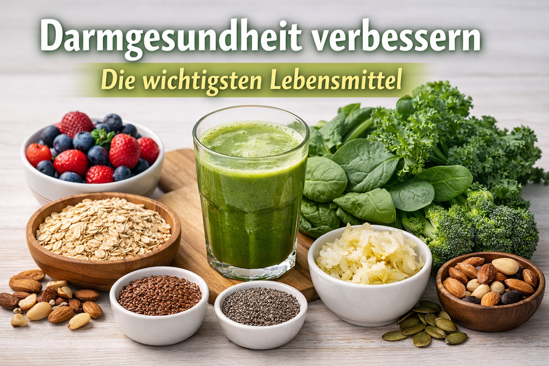 Ballaststoffreiche und fermentierte Lebensmittel wie Beeren, Haferflocken, Samen, Sauerkraut und grünes Gemüse für eine gesunde Darmflora
