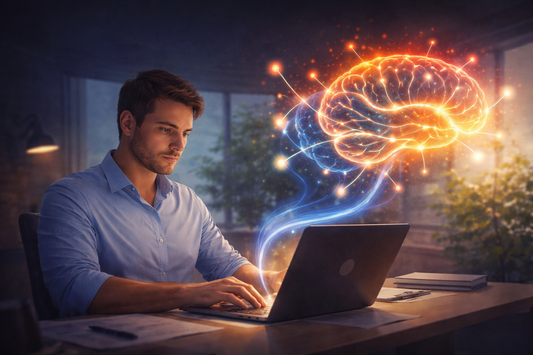 Fokussierte Person am Laptop mit leuchtendem Gehirn und neuronalen Verbindungen zur Darstellung von Dopamin, Motivation und mentaler Leistungsfähigkeit im Büro