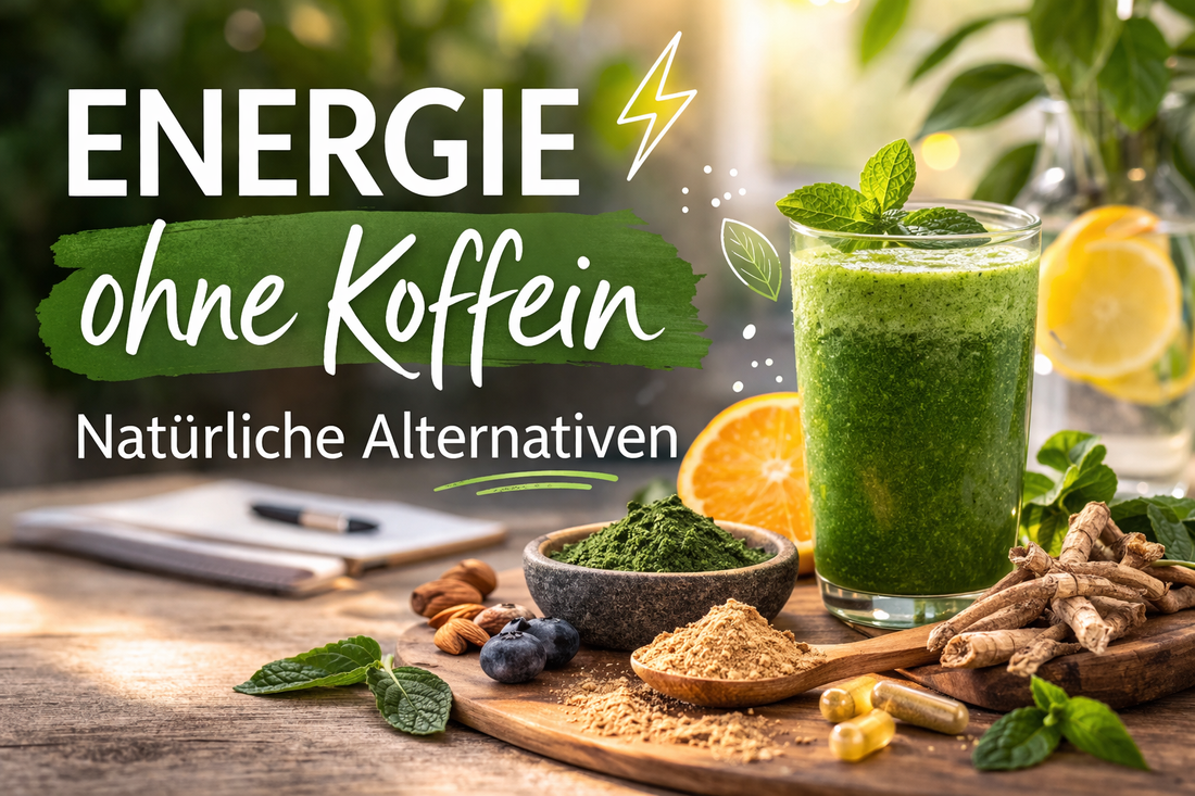 Natürliche Energiequellen ohne Koffein wie Superfoods und Pflanzenstoffe zur Unterstützung von Fokus und Vitalität.