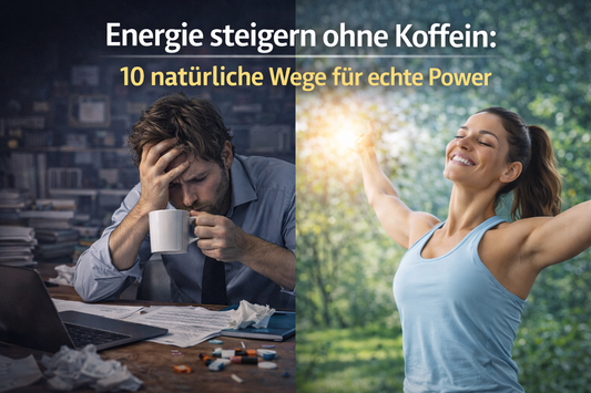 Vergleich zwischen Energie durch Koffein im Büro und natürlicher Energie durch Bewegung, Licht und gesunden Lebensstil