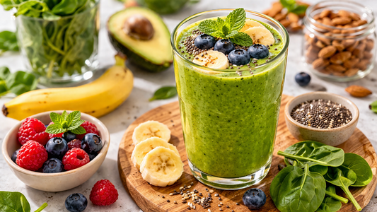 Gesunder grüner Smoothie mit Beeren, Banane, Spinat und Chiasamen für Energie, Nährstoffe und Fokus