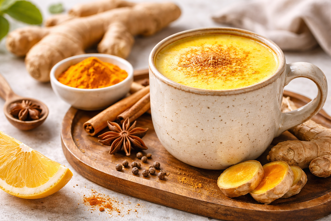 Goldene Milch mit Kurkuma, Ingwer und Gewürzen in einer Tasse für Entspannung und natürliche Gesundheit