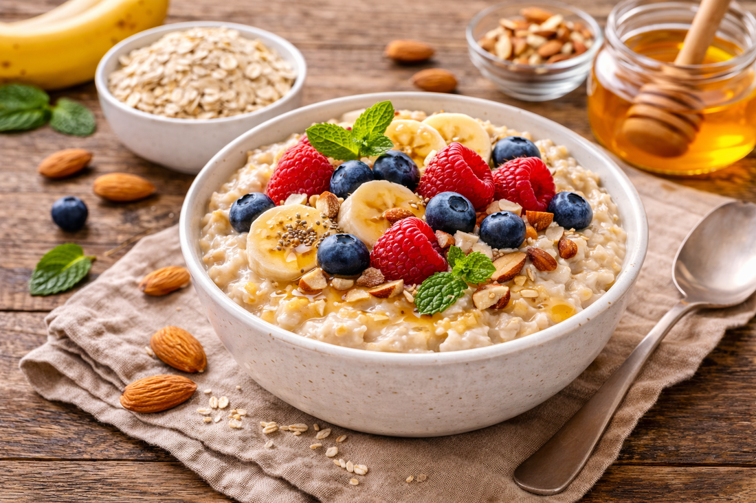 Haferflocken Frühstück mit Beeren, Banane, Nüssen und Honig für Energie, Sättigung und gesunde Ernährung