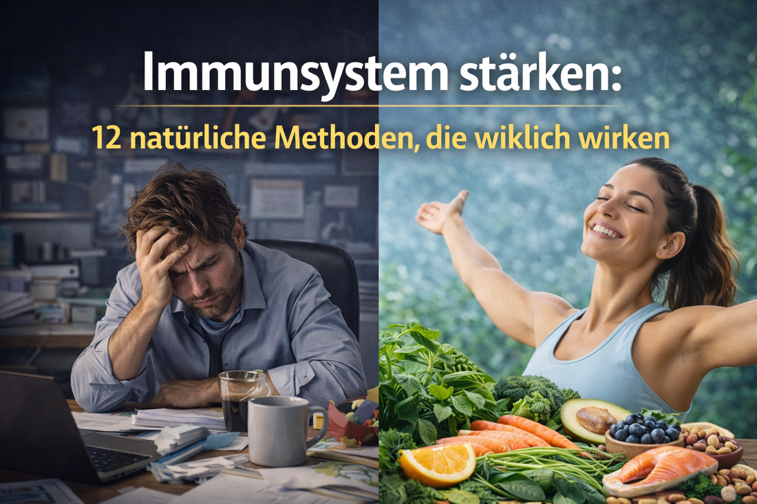 Vergleich zwischen geschwächtem Immunsystem durch Stress im Büro und starkem Immunsystem durch gesunde Ernährung und Lebensweise
