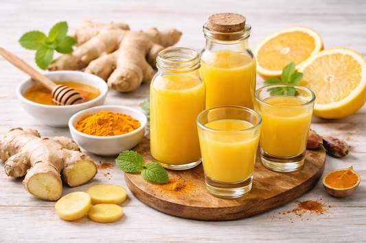 Frisch zubereiteter Ingwer Shot mit Zitrone, Orange und Kurkuma für Immunsystem und natürliche Energie