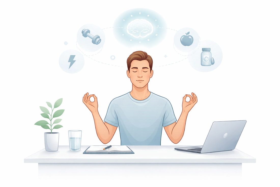 Minimalistische Illustration einer entspannten Person am Schreibtisch mit Fokus und mentaler Klarheit sowie Symbolen für Konzentration, Gesundheit und Produktivität