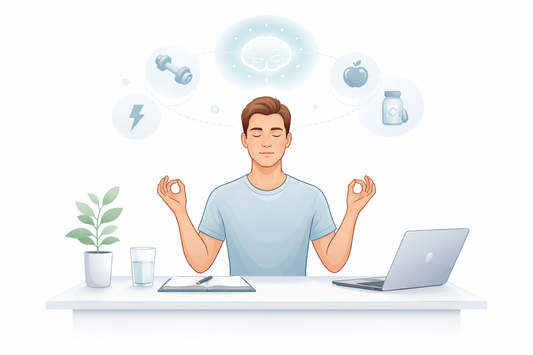 Minimalistische Illustration einer entspannten Person am Schreibtisch mit Fokus und mentaler Klarheit sowie Symbolen für Konzentration, Gesundheit und Produktivität