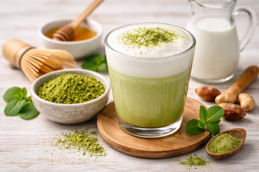 Cremiger Matcha Latte mit Schaum, Matcha Pulver und pflanzlichen Zutaten für natürliche Energie und Fokus