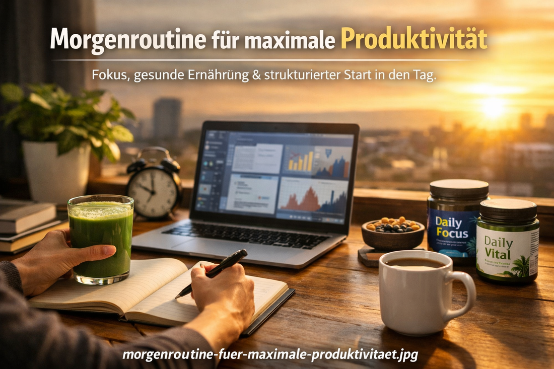 Morgenroutine für maximale Produktivität mit Fokus, gesunder Ernährung und strukturiertem Start in den Tag