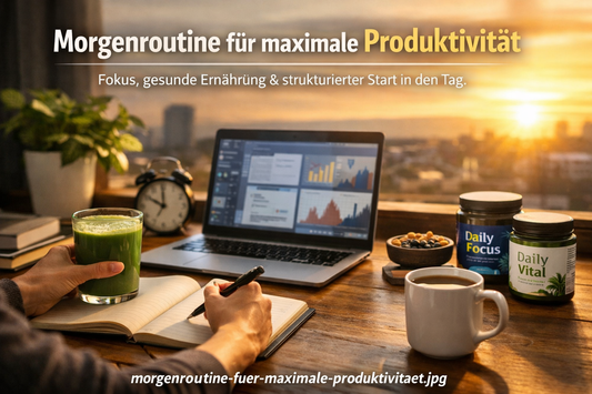 Morgenroutine für maximale Produktivität mit Fokus, gesunder Ernährung und strukturiertem Start in den Tag