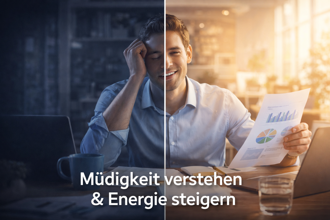 Vergleich von Müdigkeit und Energie bei einer Person im Büro mit dunkler erschöpfter und heller fokussierter Darstellung für Produktivität und mentale Klarheit
