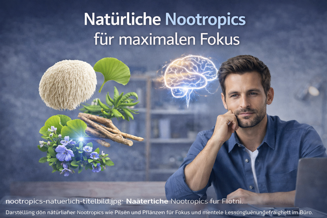 Titelbild zu natürlichen Nootropics mit Pflanzen wie Lion’s Mane, Ginkgo und Ashwagandha für Fokus und mentale Klarheit im Büro