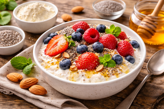 Protein Frühstück mit Skyr, Beeren, Nüssen und Chiasamen für Energie, Sättigung und Fokus am Morgen