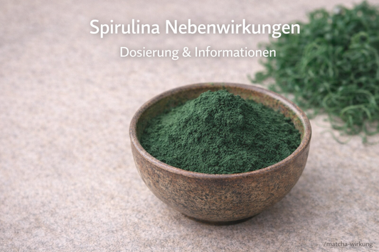Spirulina Pulver in einer Schale als grünes Superfood mit Informationen zu Nebenwirkungen und richtiger Dosierung.