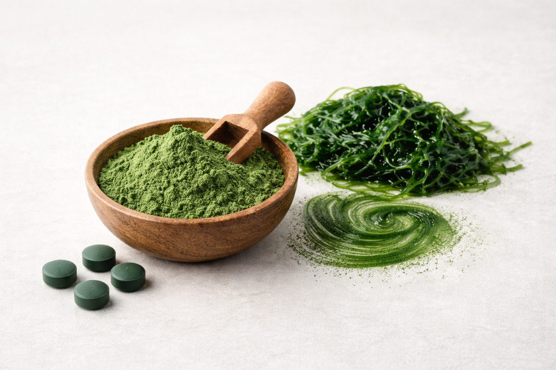 Spirulina Pulver als grünes Superfood in Schale auf hellem Hintergrund
