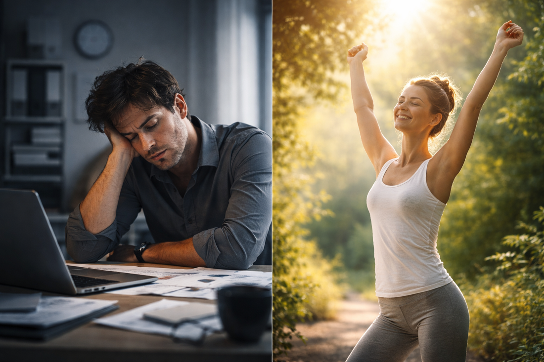 Minimalistischer Vergleich zwischen anhaltender Müdigkeit im Arbeitsalltag und natürlicher Energie durch Bewegung und gesunden Lebensstil in der Natur