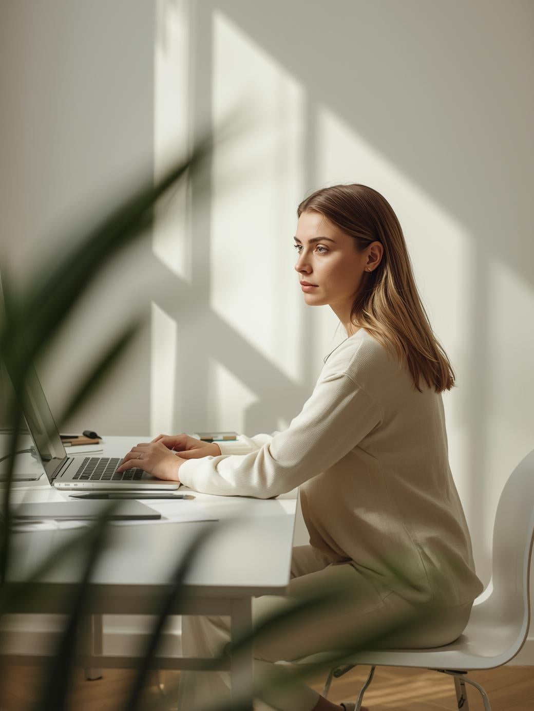 Fokusierte Person mit Laptop am einem Schreibtisch, natürliches Licht
