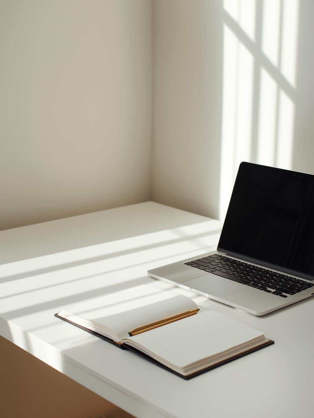 Laptop und Notizbuch auf Arbeitstisch warme Atmosphäre