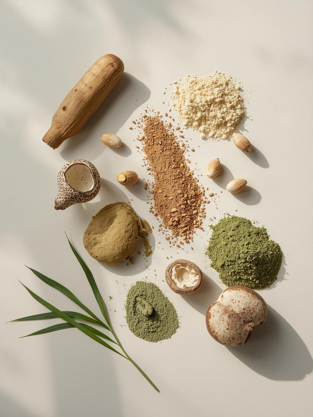 Pflanzenpulver und natürliche Inhaltsstoffe wie Ashwagandha, Lion's mane, Gerstengra und Baobab